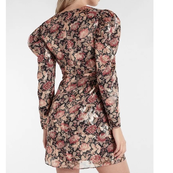 NWT Express Metallic Puff Sleeve Floral Deep V Dress Size Small - Picture 6 of 10